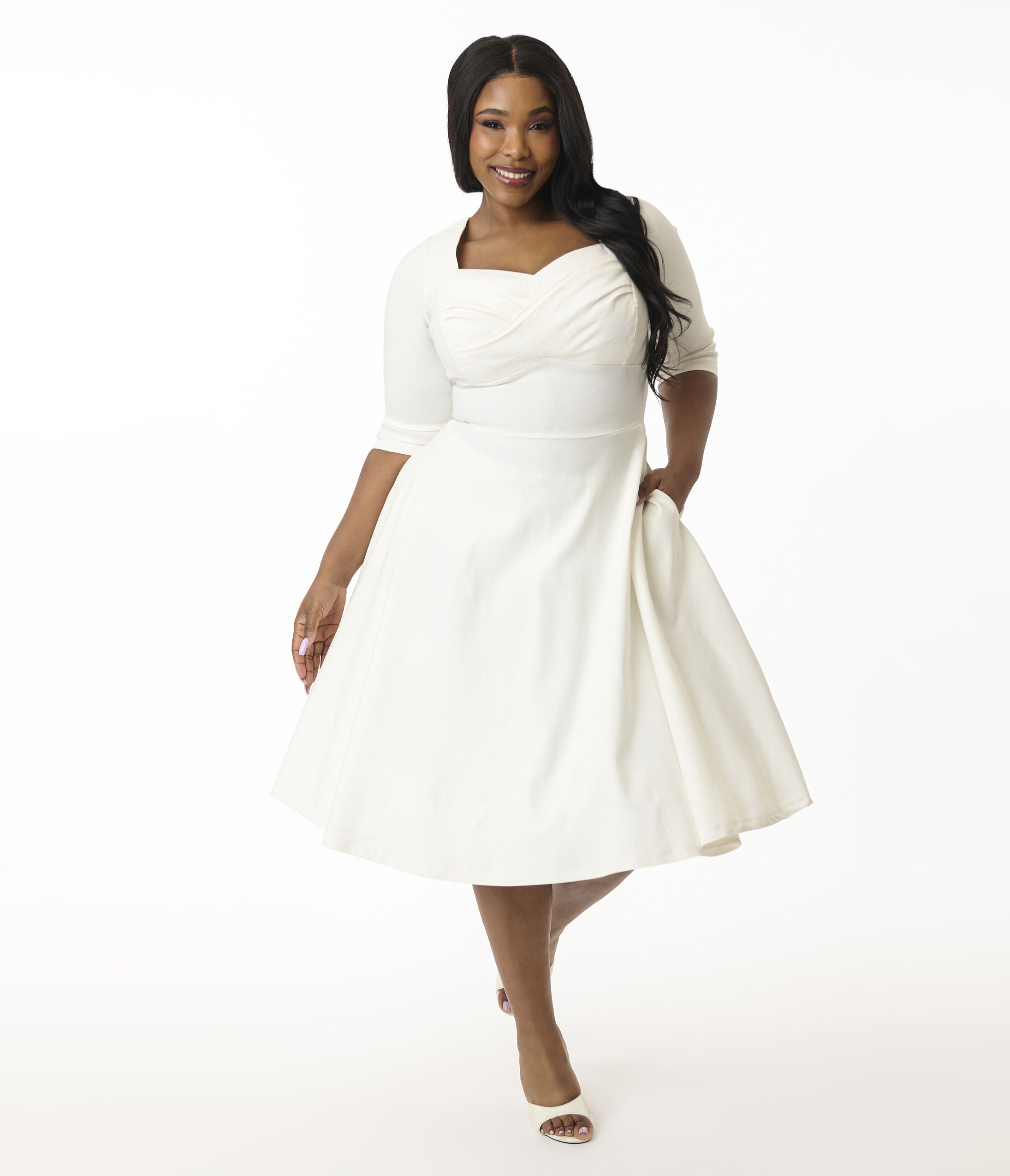 Unique Vintage Plus Size 1950s Emerald Green Pleated Bust Swing Dress, Ivory / Ivory, hi-res image number 0