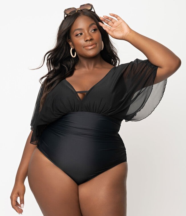 Unique Vintage Black Mesh Sleeved Torrey Swimsuit, Black Mesh / Black, hi-res image number 0