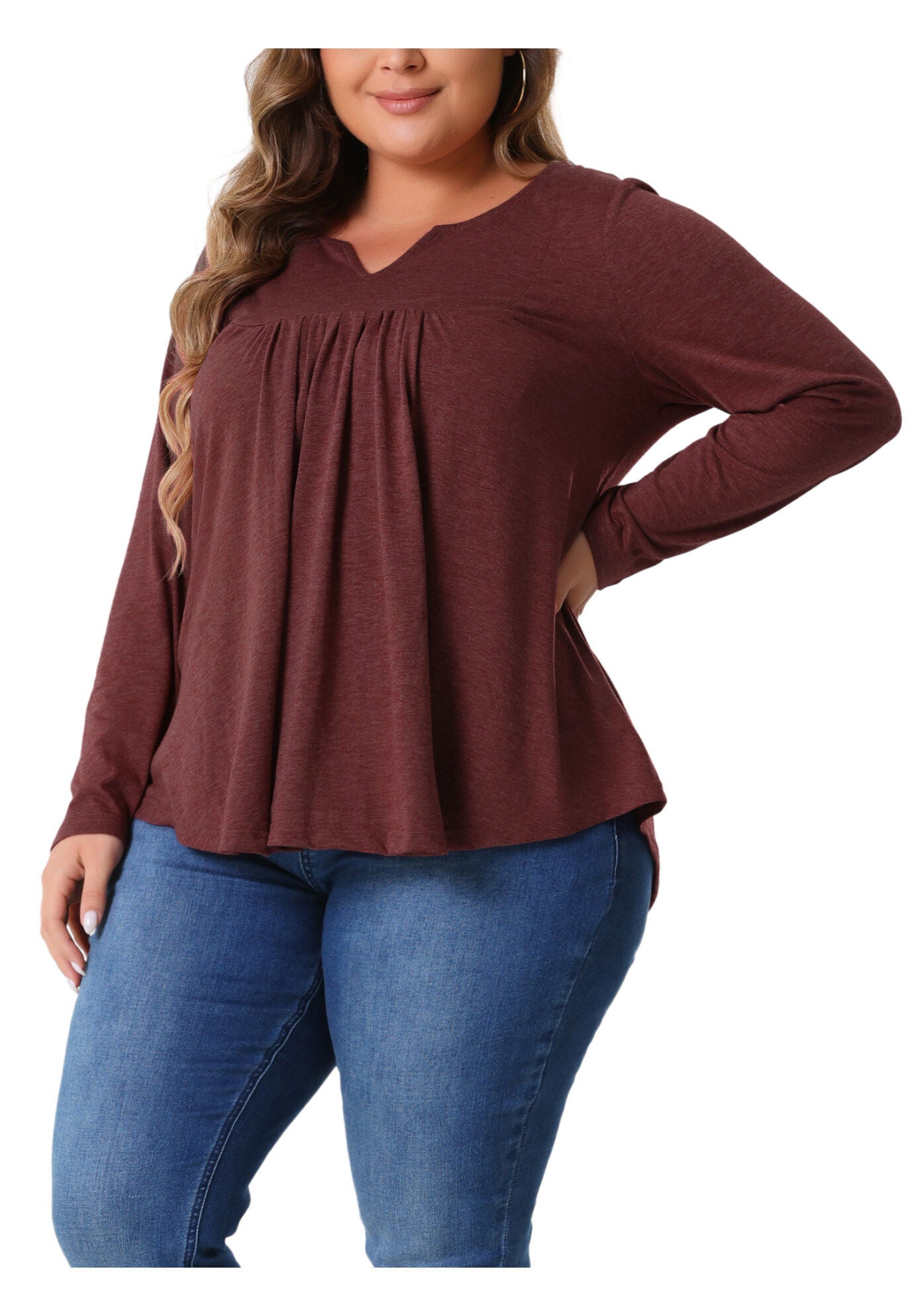Notched Neck Long Sleeve Front Pleated Blouse, Burgundy / Burgundy, alternate image number 1
