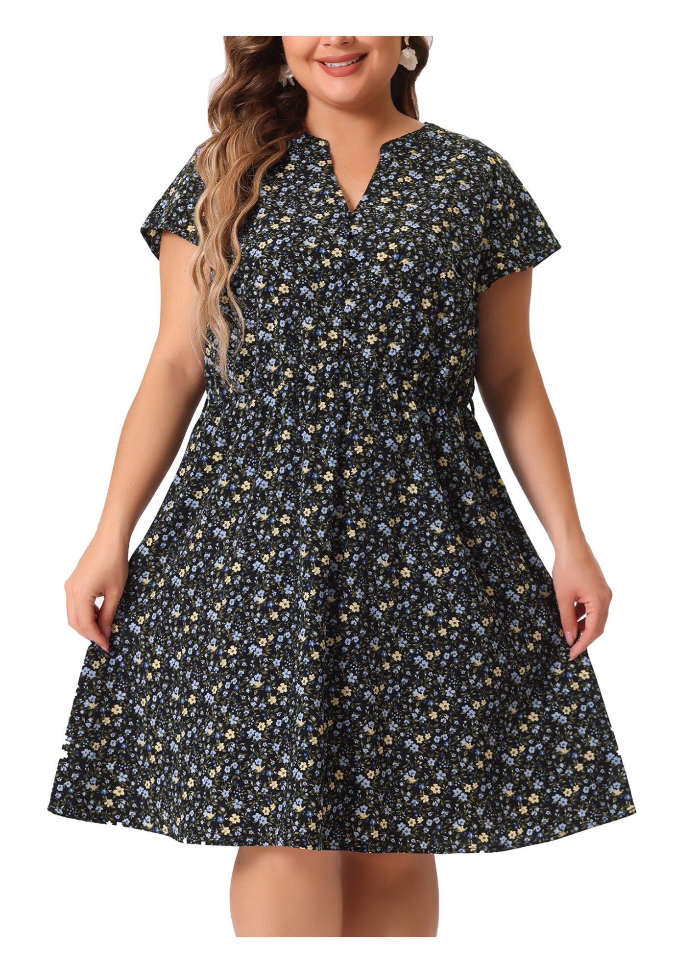 V Neck Belted Summer Floral Dress, Black Blue / Navy, alternate image number 2
