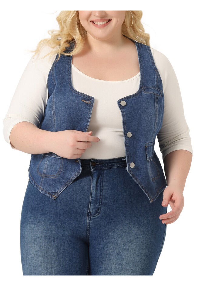 SLEEVELESS BUTTON DENIM CROP WAISTCOAT VEST, Blue / Chambray Denim Medium, alternate image number null