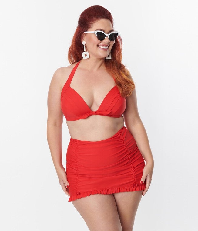 Unique Vintage Red Monroe Halter Swim Top, Red / Red, alternate image number 1