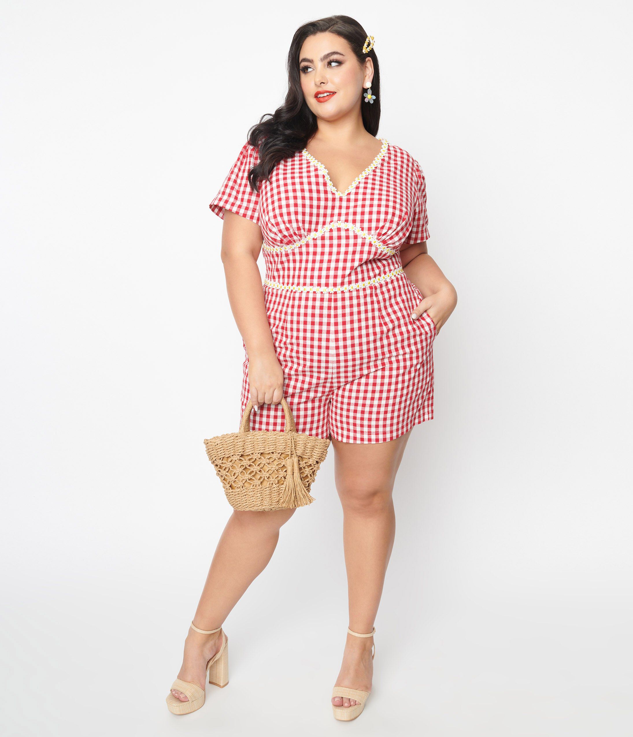 Unique Vintage Red Gingham & Daisy Romper, Red Gingham  Daisy / Red, alternate image number 4