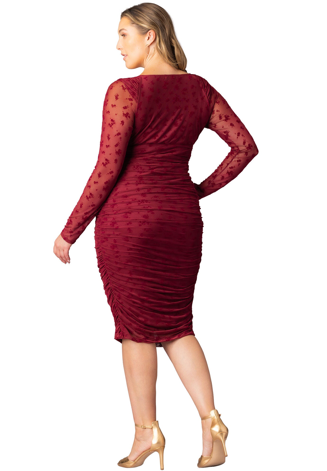 Betsey Ruched Dress, Burgundy Flocked Florals / Burgundy, alternate image number 1