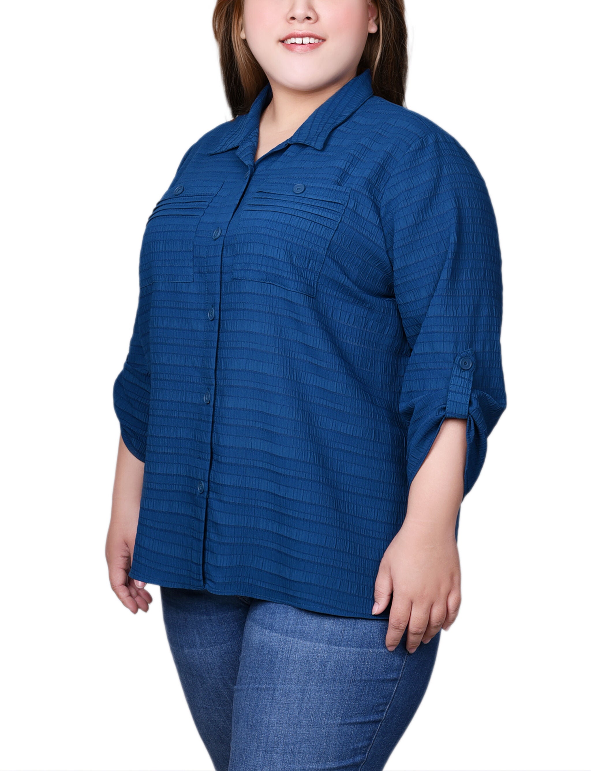 3/4 Sleeve Woven Jacquard Blouse, Gibraltar Sea, alternate image number 2