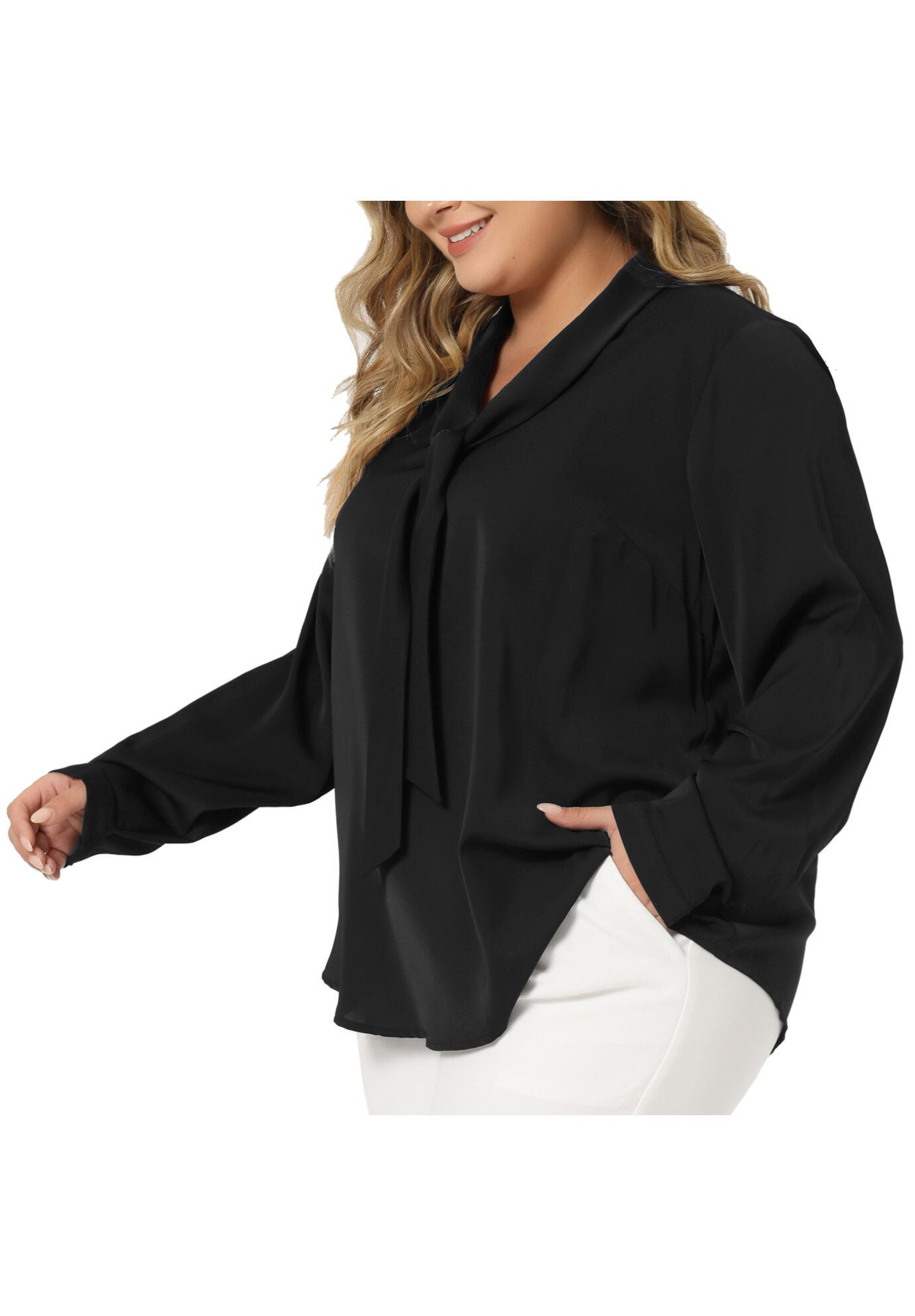 Long Sleeve Tie V Neck Chiffon Blouse, Black / Black, alternate image number 4
