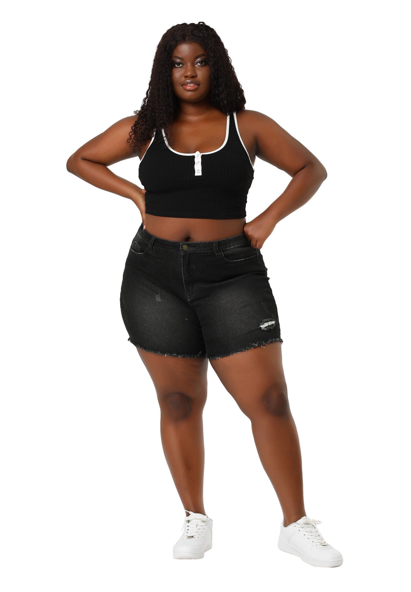 HIGH WAISTED RIPPED STRETCHY DENIM JEAN SHORTS, Black / Black, hi-res image number 0
