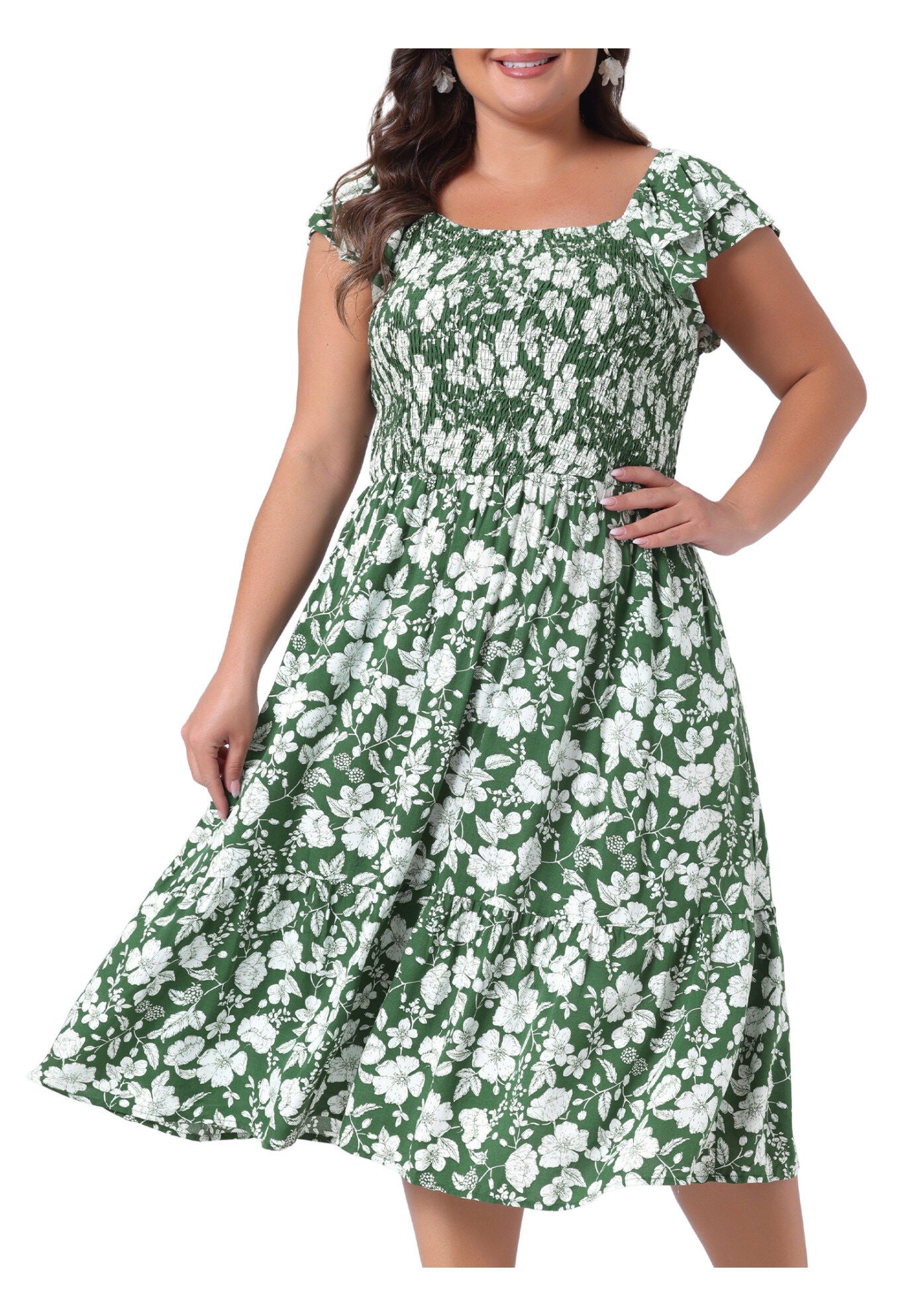 Square Neck Flutter Sleeve Smocked High Waist Flowy Summer Midi Dress, Green / Forest Green, alternate image number 2