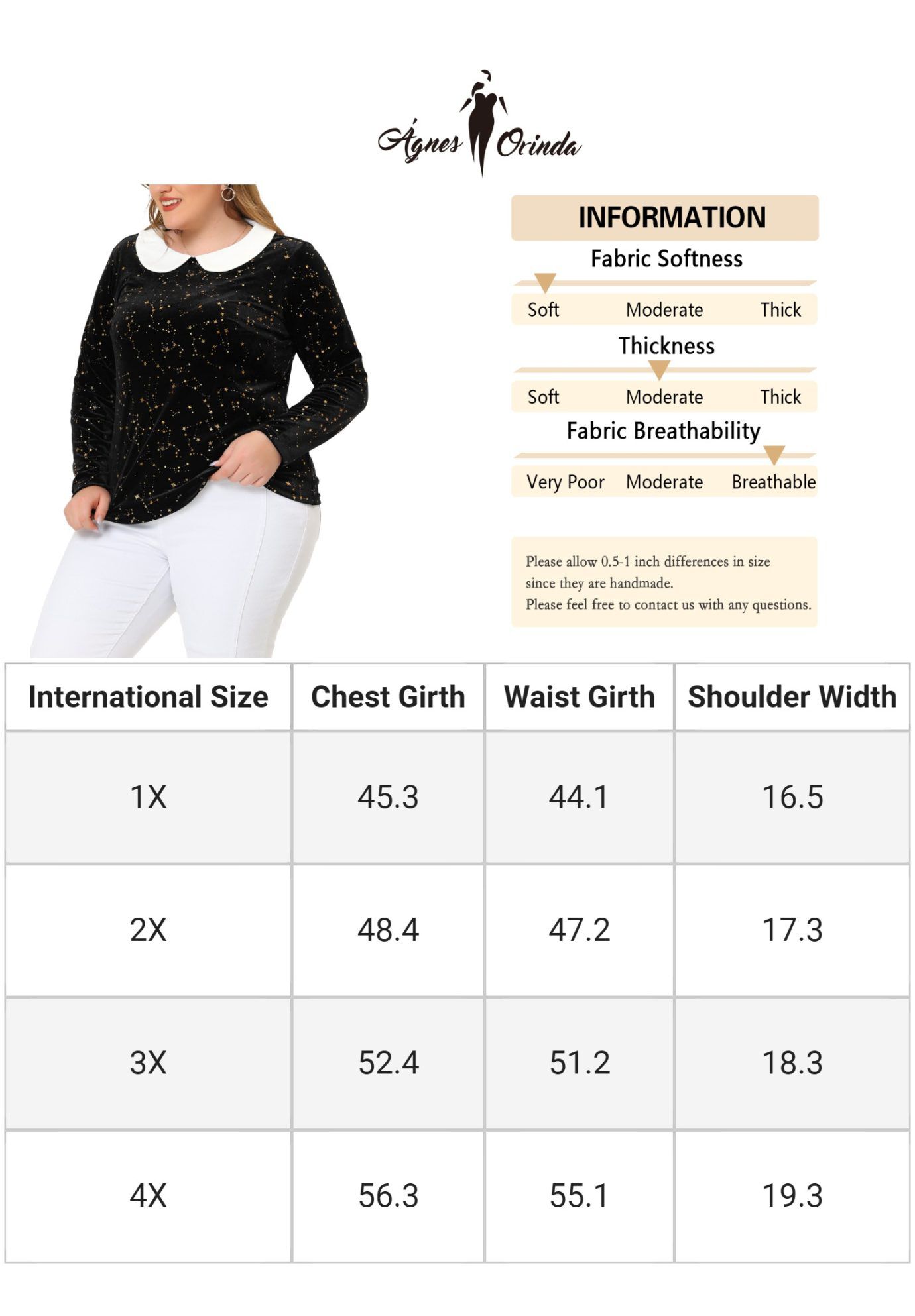 Peter Pan Long Sleeve Vintage Star Print Doll Collar Velvet Top, Black / Black, alternate image number 4