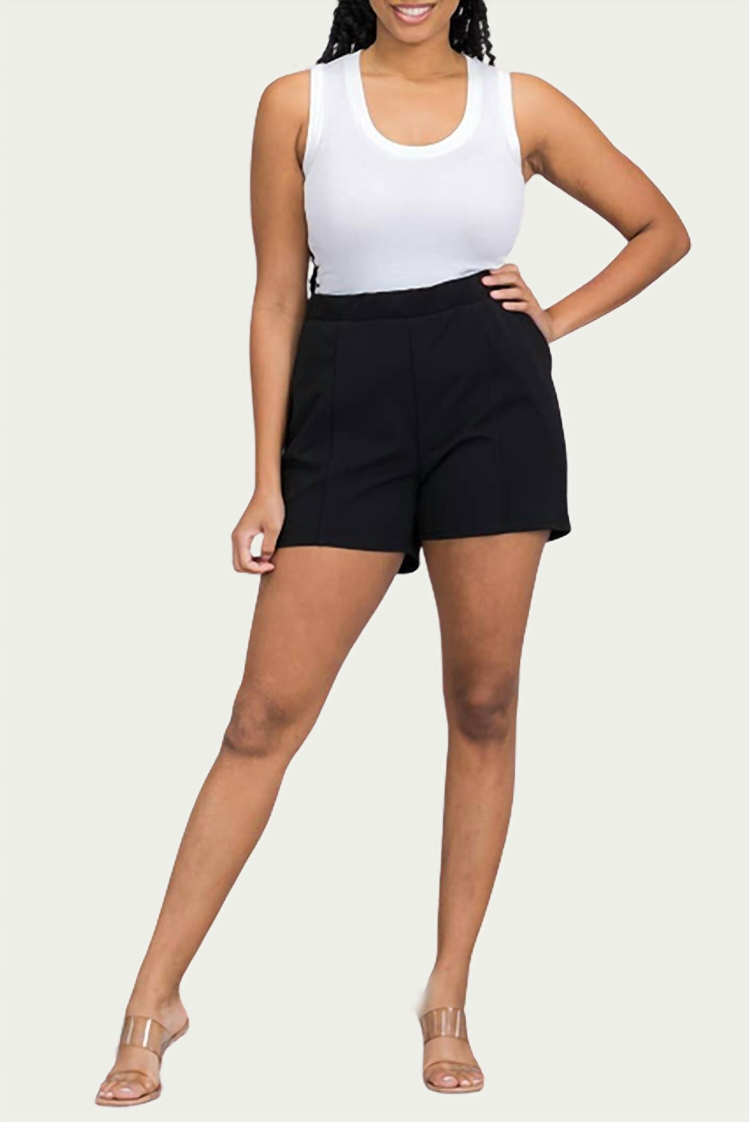 Seamed Scuba Stretch-Crepe Shorts In Black, Black / Black, hi-res image number 0