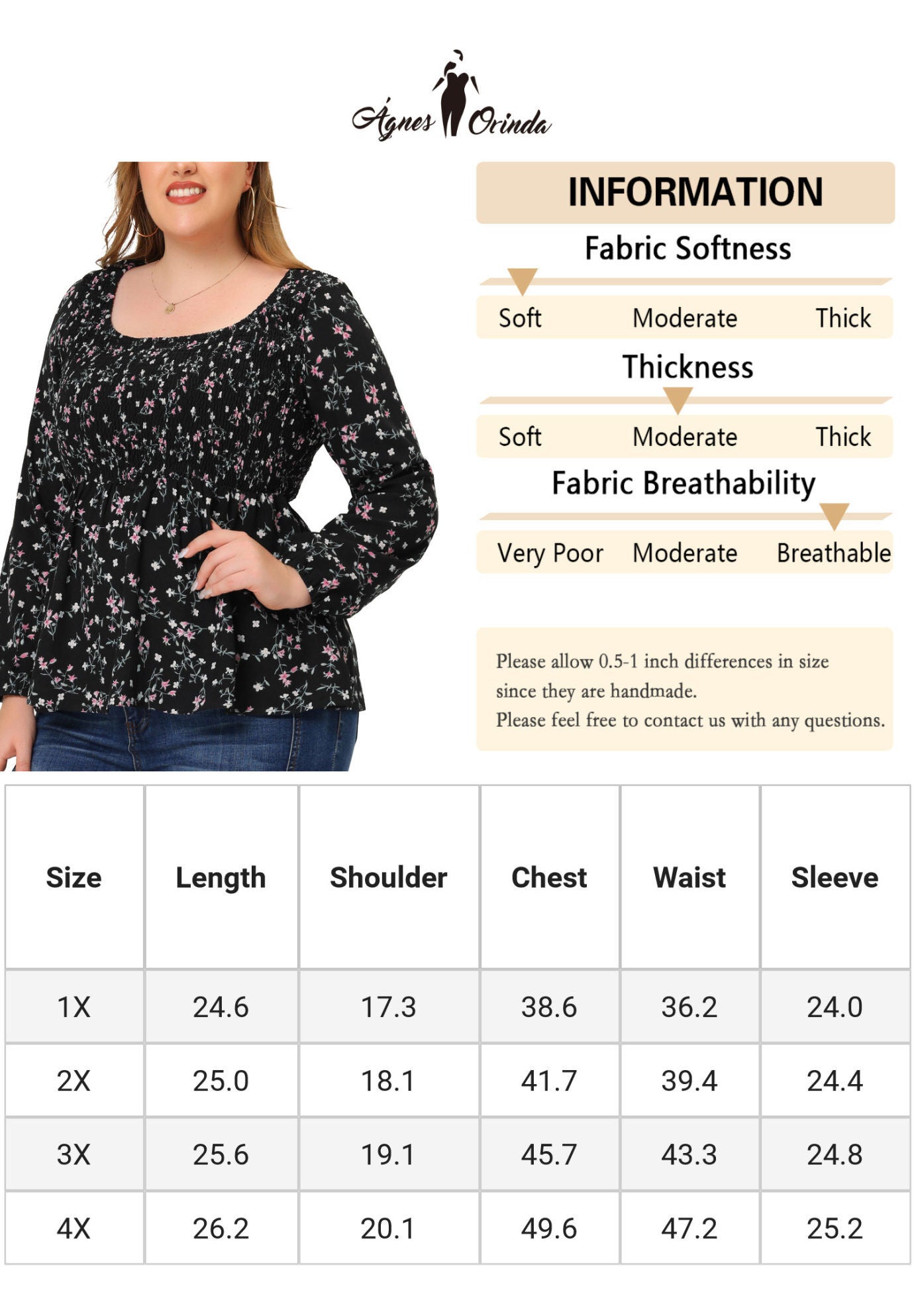 Floral Square Neck Smock Waist Peplum Top, Black / Black, alternate image number 4