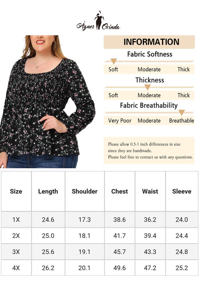 Floral Square Neck Smock Waist Peplum Top, Black / Black, alternate image number 4