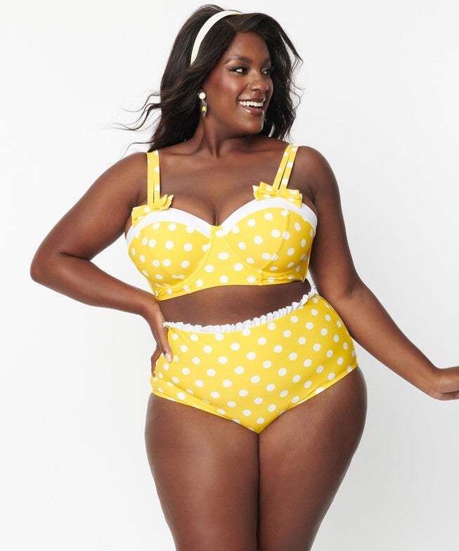 White Ruffle Swim Top, Yellow White Polka Dot / Yellow, alternate image number null