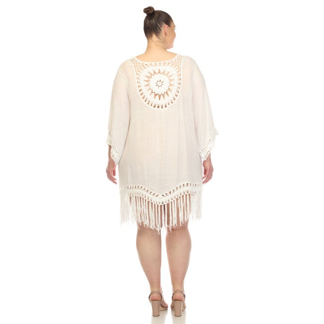 White Mark Crocheted Fringed Trim Dress Cover Up, , alternate image number null