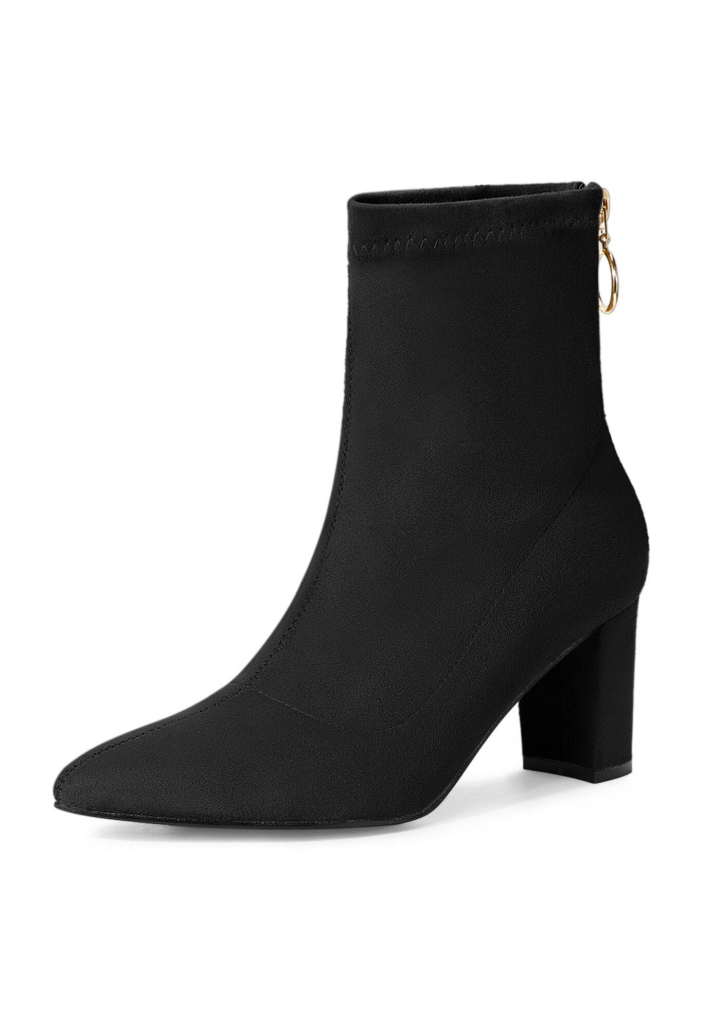 Pointed Toe Zipper Chunky Heels Ankle Boots, Black / Black, hi-res image number 0
