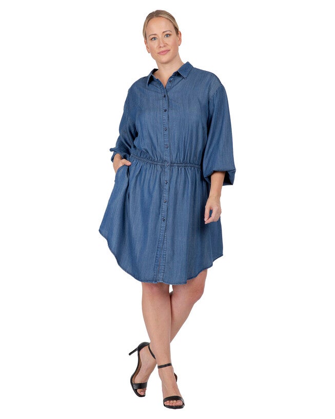 Nora Women's Plus Size Buttoned Down Elastic Waist Shirt Dress, Rinse Blue / Medium Wash, alternate image number null