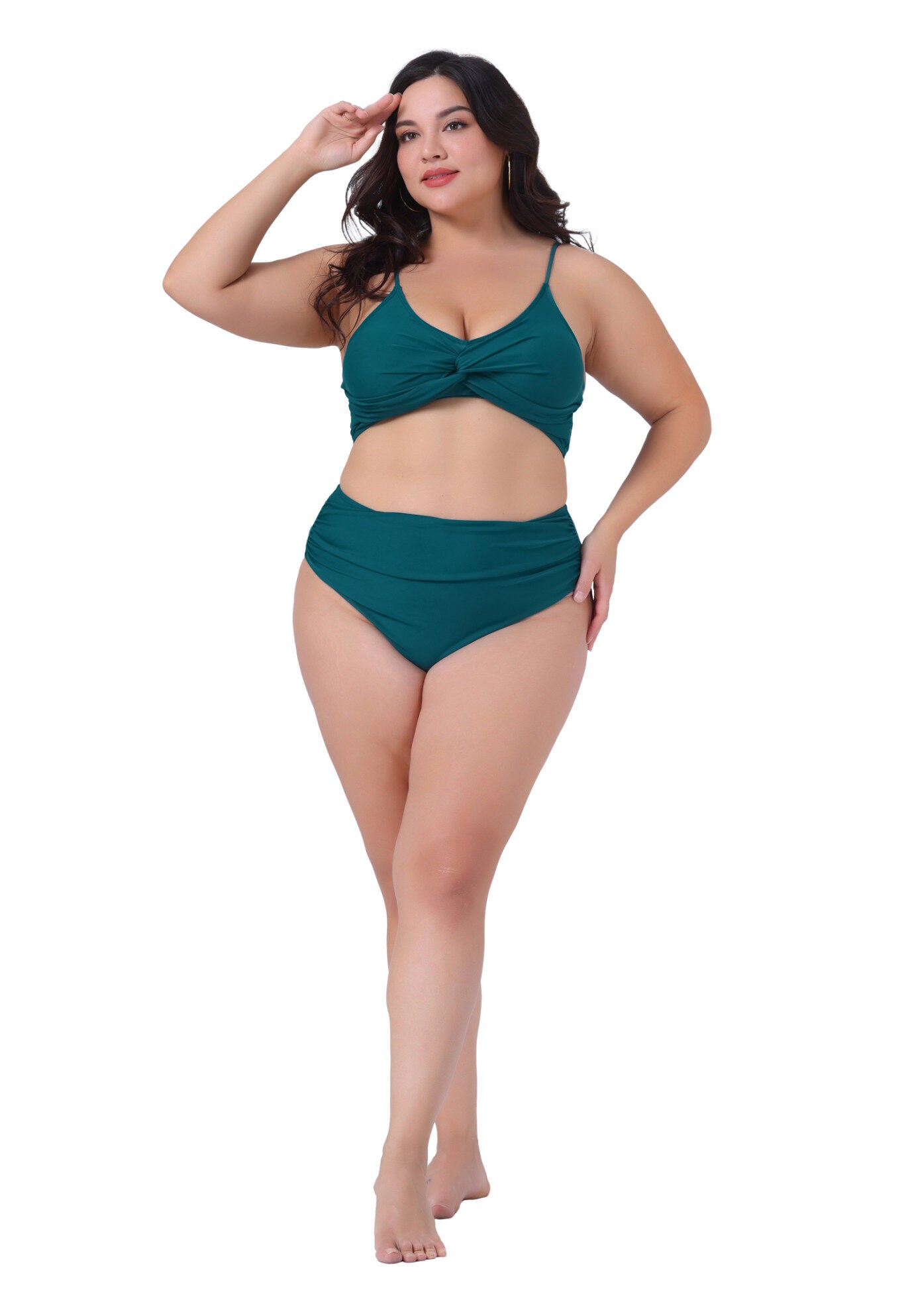 High Waisted V Neck Two Piece Bikini Set, Blue Green / Quetzal Green, hi-res image number 0