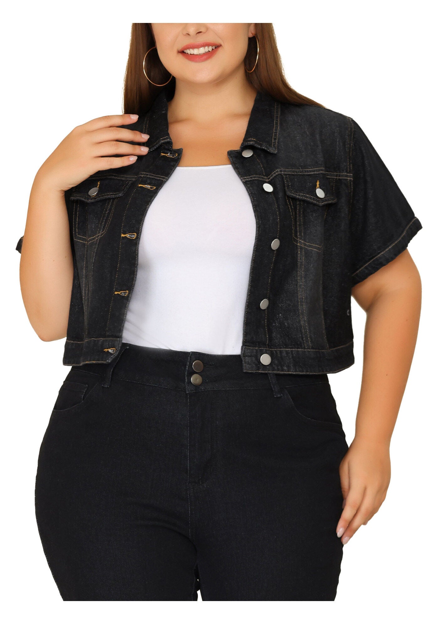 SHORT SLEEVE BUTTON DOWN CROPPED DENIM JACKET, Black / Black, alternate image number 2