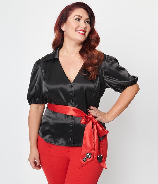 Unique Vintage Plus Size Black & Red Lock & Key Sashed Blouse, Black  Red / Black, hi-res image number 0