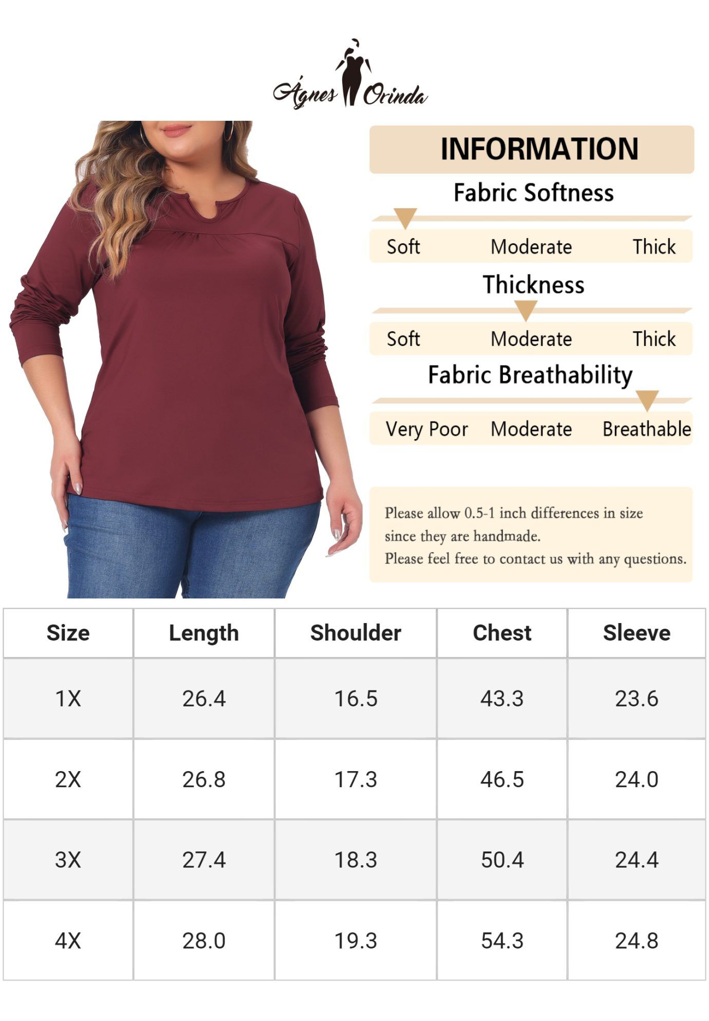NOTCHED NECK LONG SLEEVE T-SHIRT LOOSE CASUAL TUNIC BLOUSE, Burgundy / Red, alternate image number 4