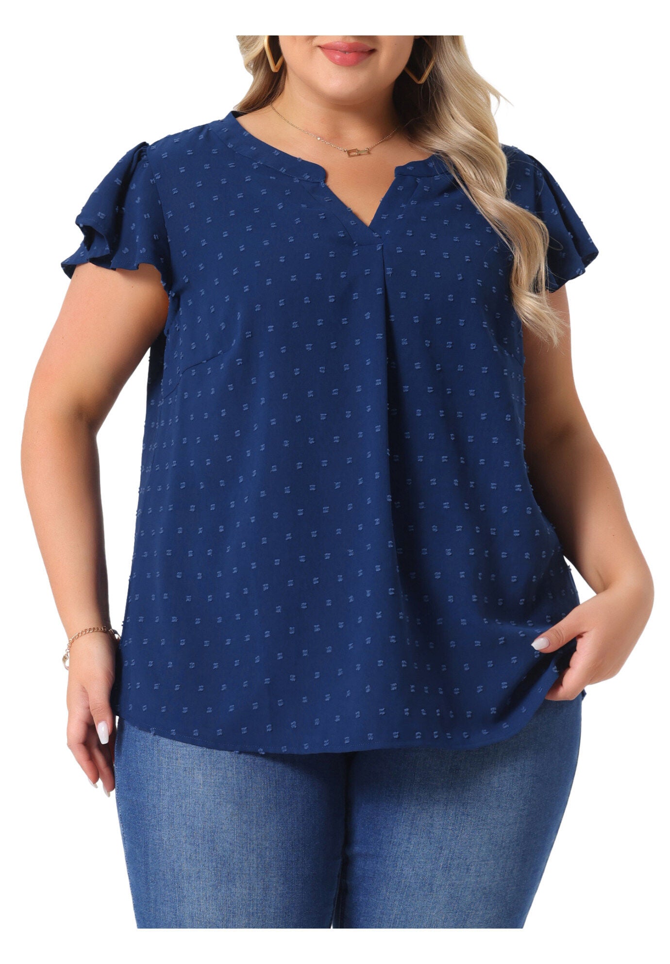 Swiss Dots Notched Neck Ruffle Sleeve Blouse, Dark Blue / Navy, alternate image number 2