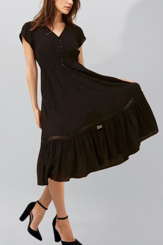 Annick - Elise Dress V-Neck Tiered Skirt Solid, Black / Black, alternate image number null