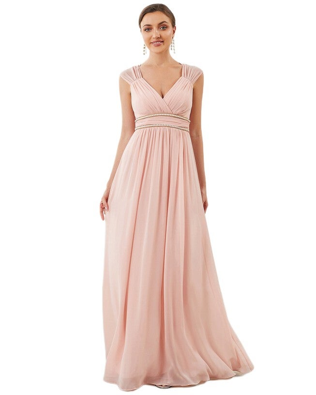 V-Neck Sleeveless Beaded Belt Chiffon A-Line Evening Dress, Pink / Pink, alternate image number null