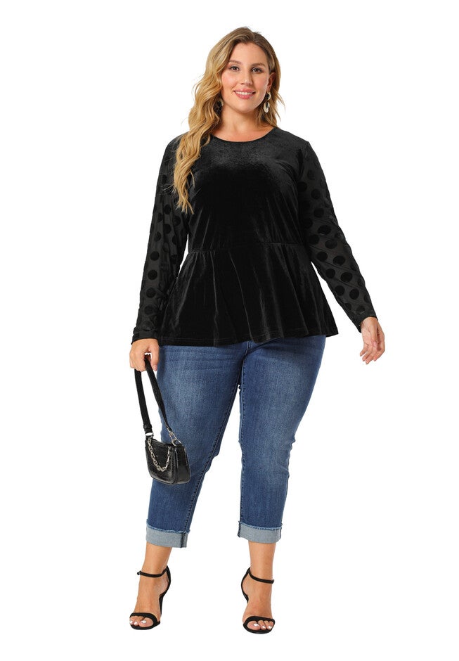 POLKA DOTS SHEER SLEEVE VELVET PEPLUM TOP, Black / Black, hi-res image number null