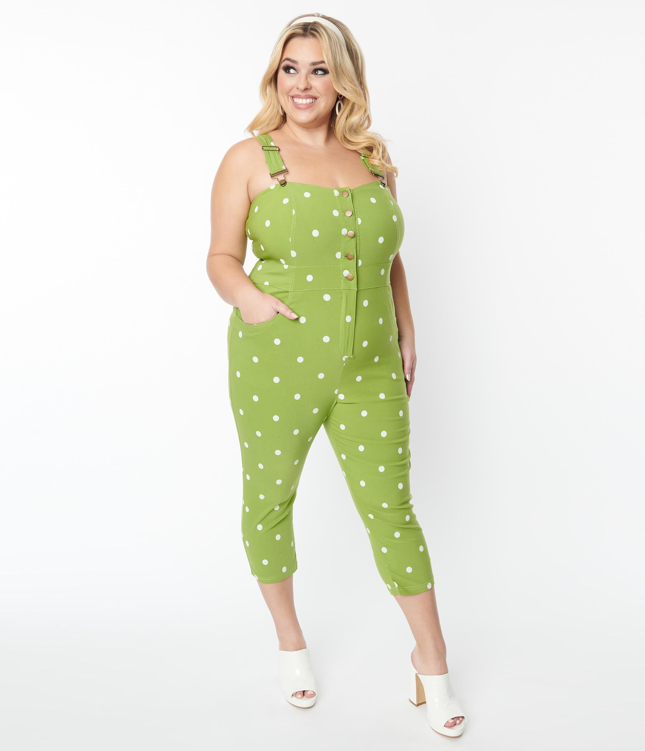 Unique Vintage Green & White Dot Eartha Jumpsuit, Green Polka Dot / Chartreuse, alternate image number 4
