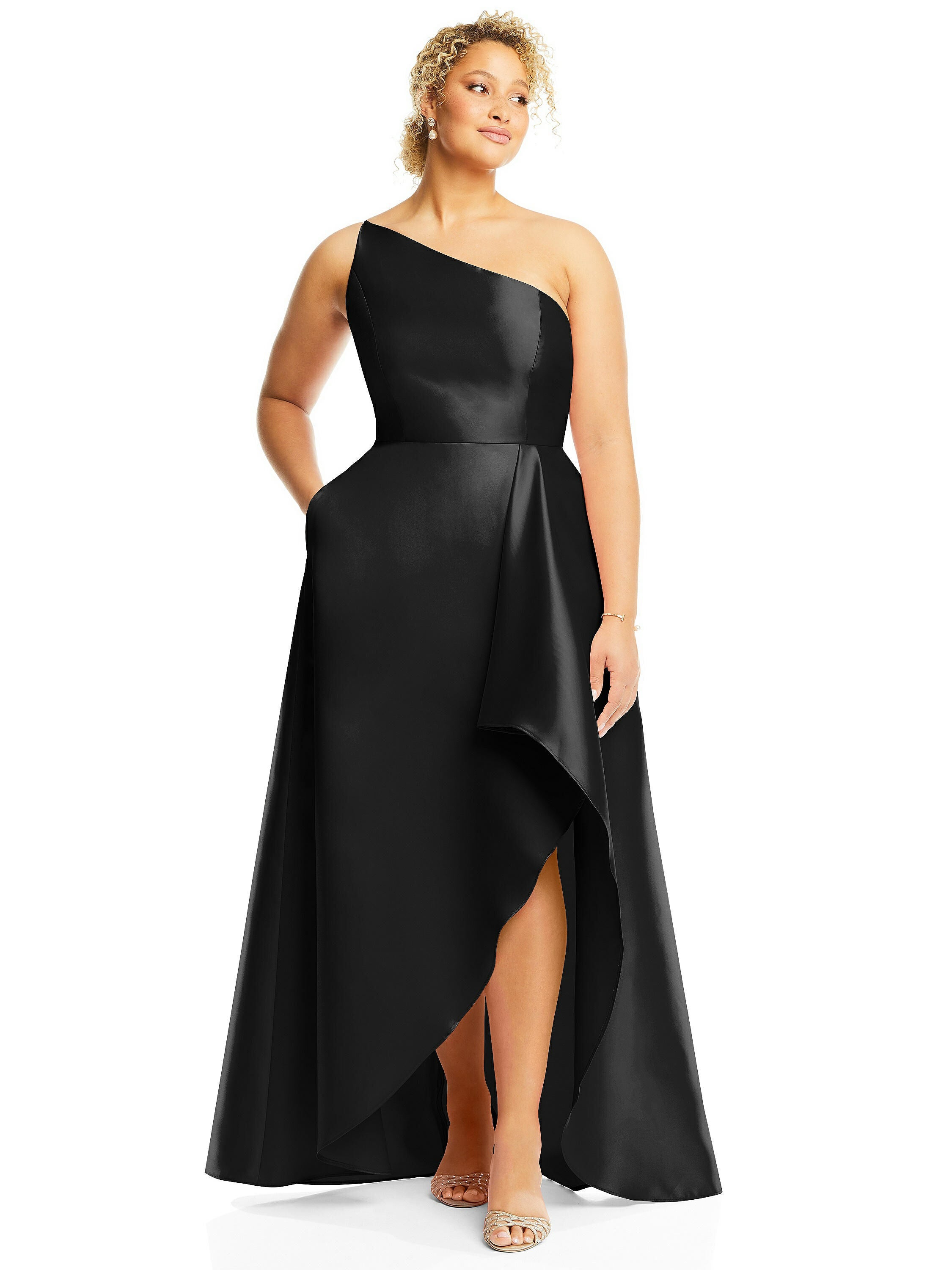 One-Shoulder Satin Gown with Draped Front Slit and Pockets, Black / Black, hi-res image number 0