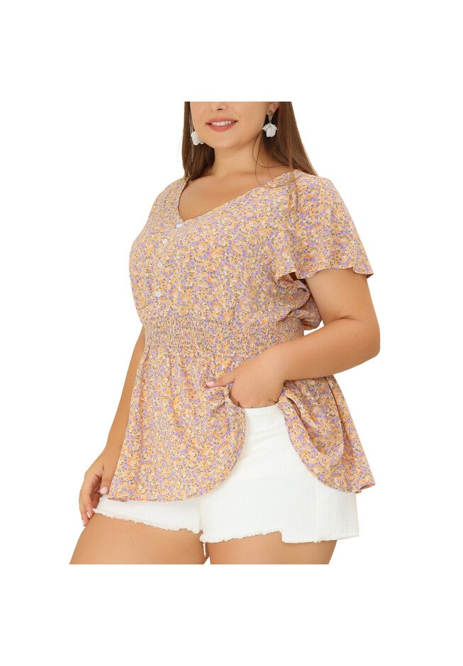 Button V Neck Smocked Waist Flare Short Sleeve Peplum Floral Blouse, Yellow / Yellow, alternate image number 2
