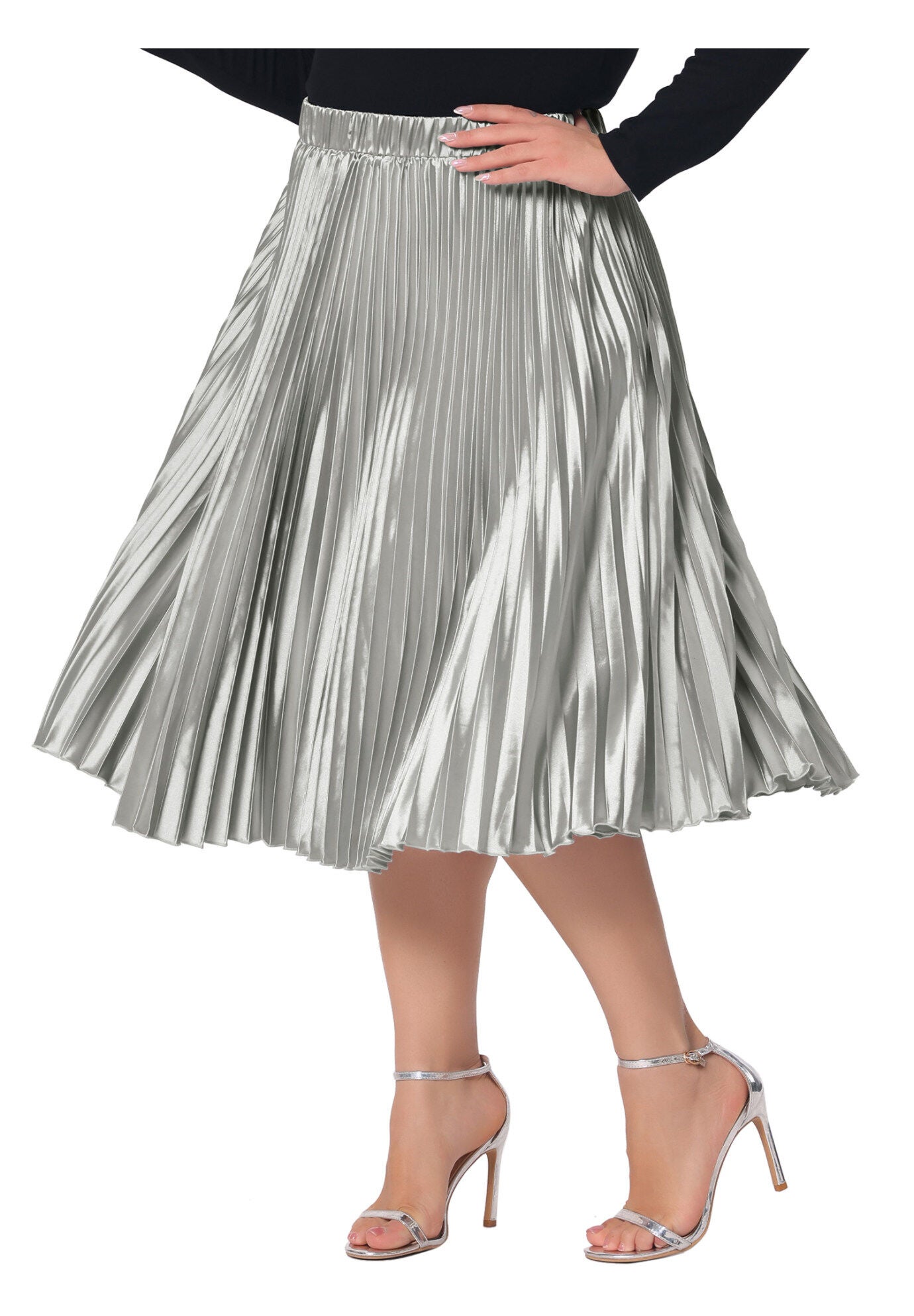 Elastic High Waist Metallic Shiny Accordion Pleated Midi Skirt, Silver / Silver, alternate image number 1