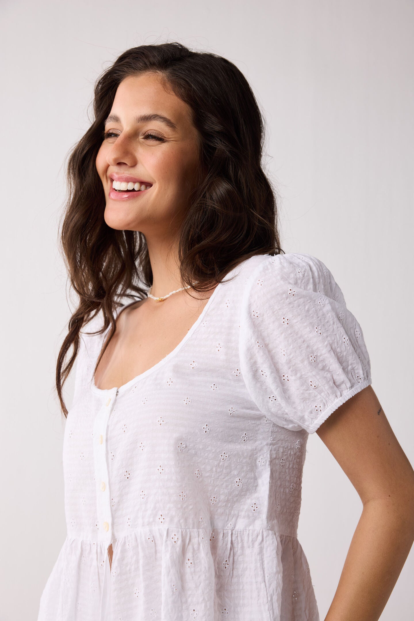 Embroidered Peplum Top with Puff Sleeves in White, Textured Eyelet in White / White, alternate image number 3