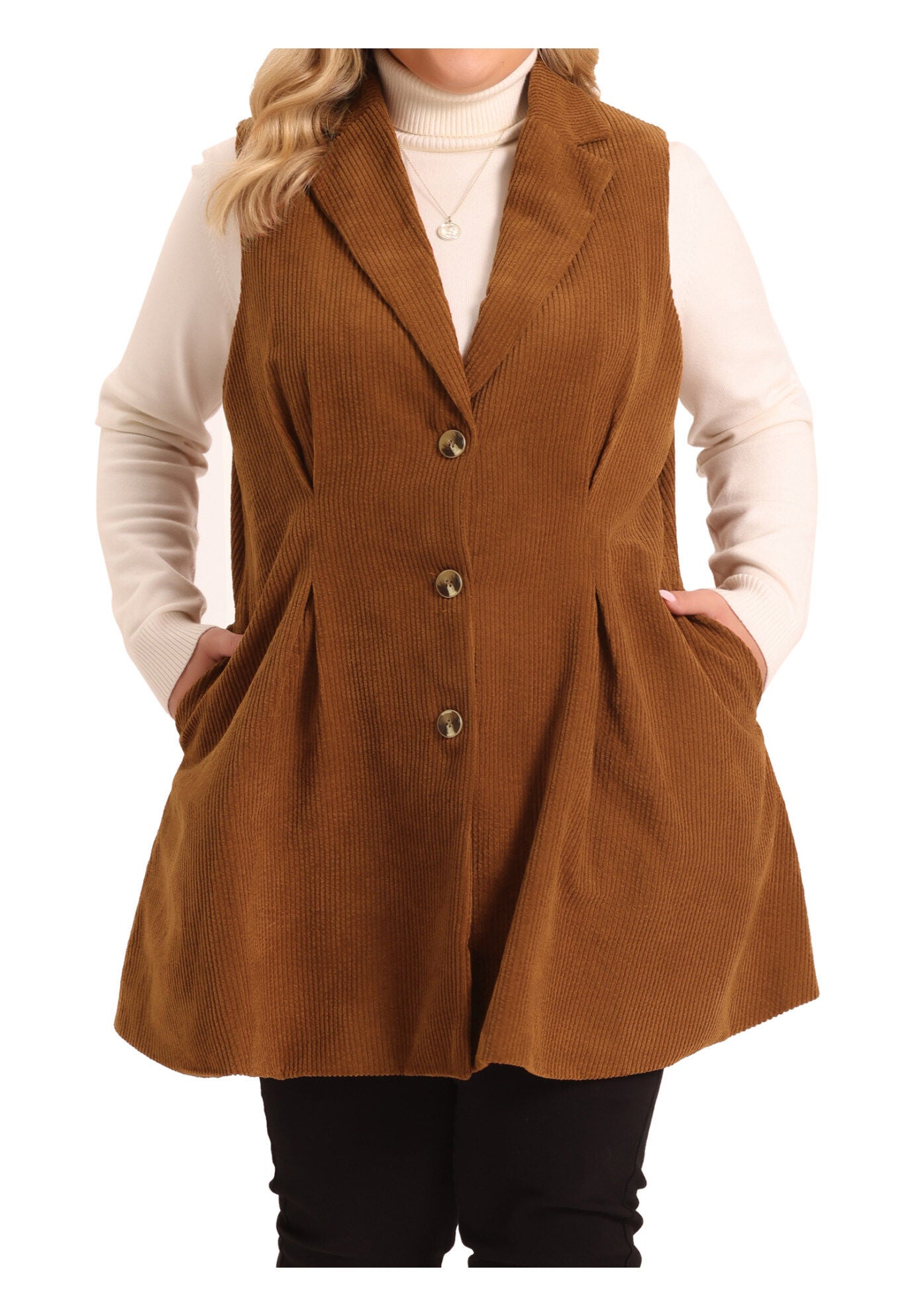 CORDUROY SINGLE BREASTED SLEEVELESS VEST JACKET, Brown / Brown, alternate image number 1