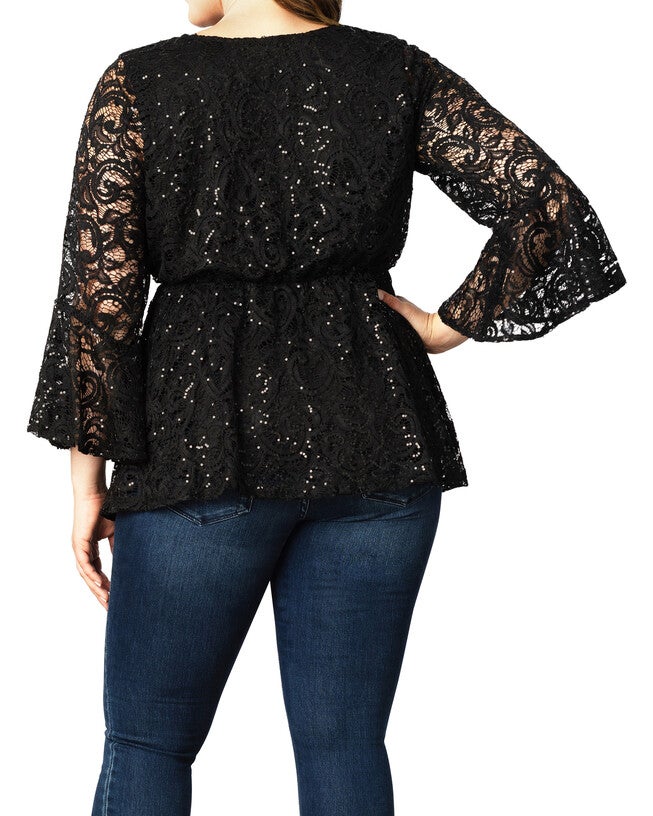 Sequin Sparkle Bell Sleeve Lace Top, , alternate image number null