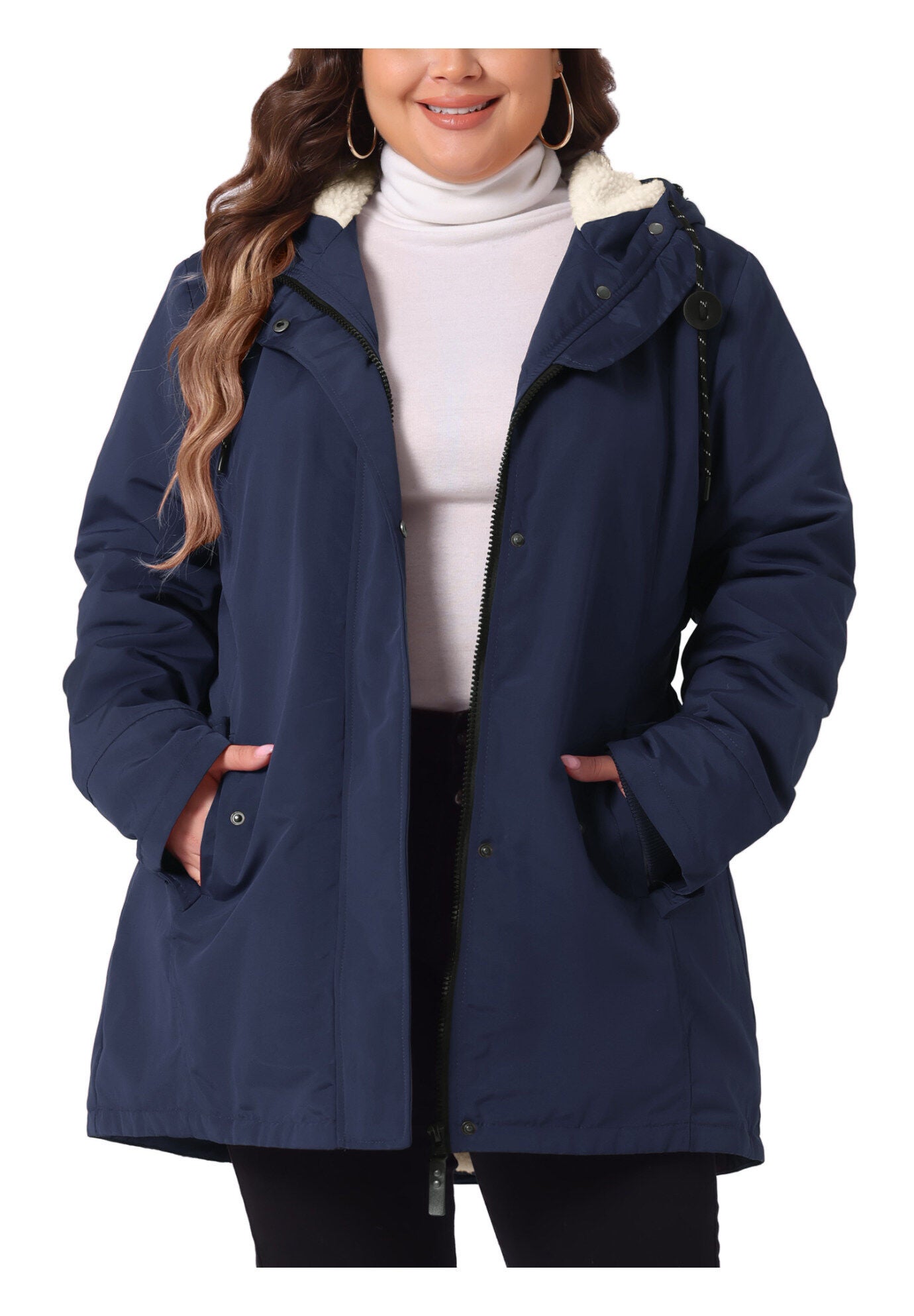 Faux Lamb Fur Leather Button Down Hoodie Parka Coat, Dark Blue / Navy, alternate image number 2