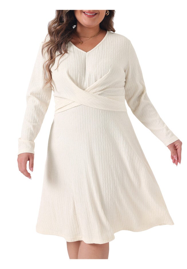 Long Sleeve Elegant Knitted Criss Cross V Neck Sweater Midi Dress, Beige / Beige, alternate image number 1