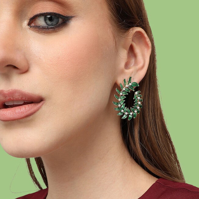 SOHI Women Green Drop Earrings, Green / Forest Green, alternate image number null