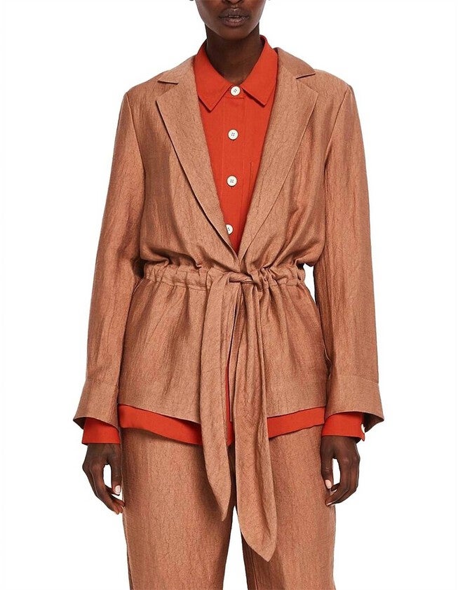 DRAPEY TEXTURED BLAZER IN TOFFEE MELANGE, Toffee Melange / Brown, hi-res image number null