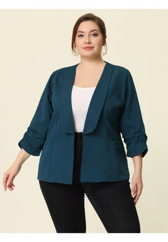 OPEN FRONT 3/4 RUCHED SLEEVE LIGHTWEIGHT BLAZER