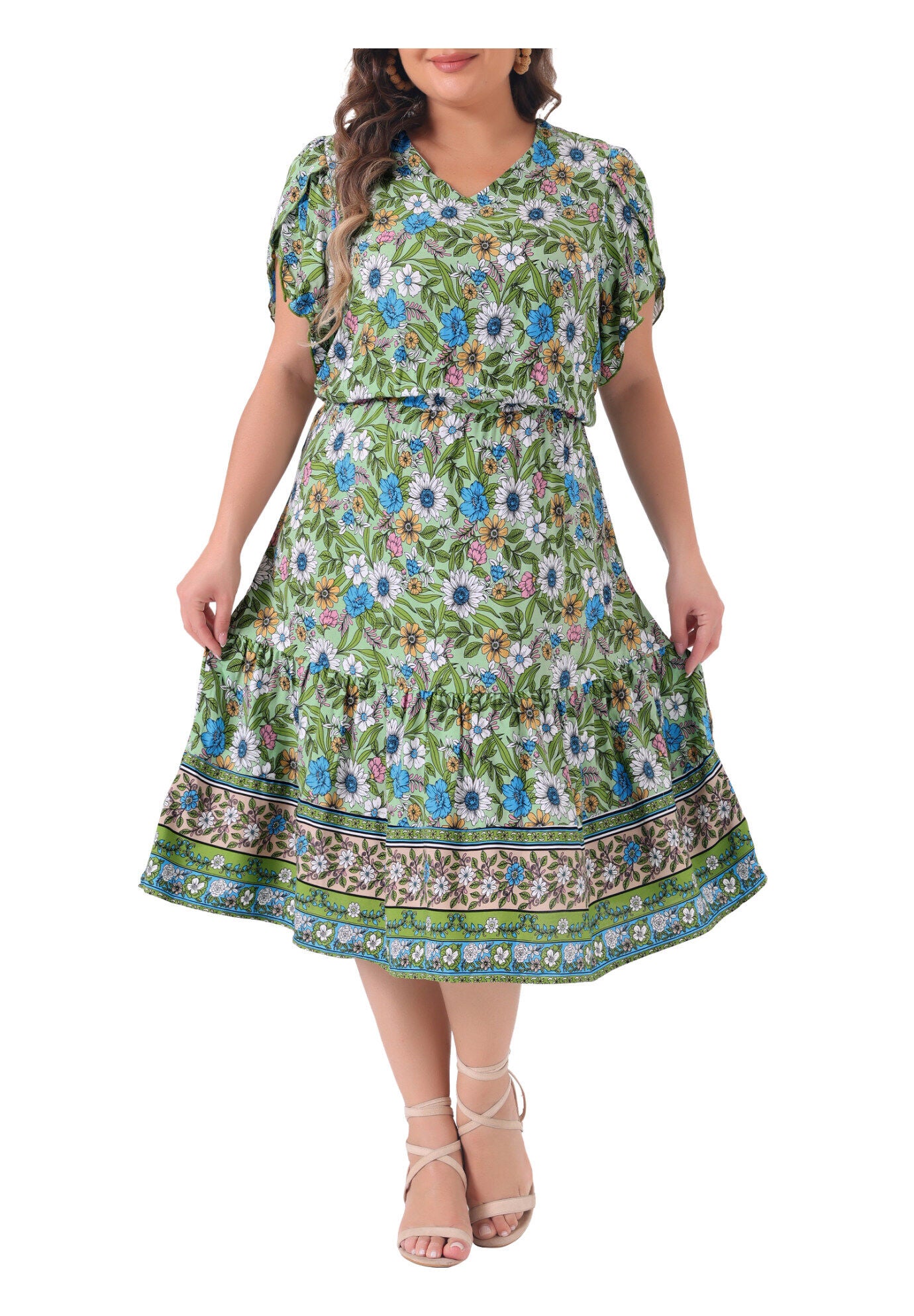 SUMMER BOHO V NECK SHORT SLEEVE FLORAL PRINT MIDI DRESS, Green / Light Green, alternate image number 1
