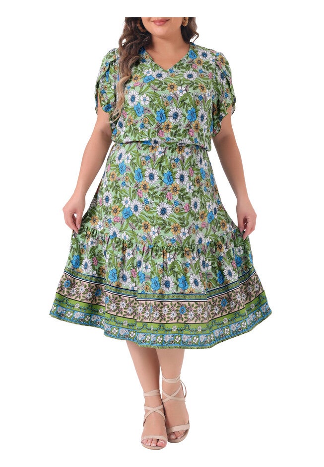 SUMMER BOHO V NECK SHORT SLEEVE FLORAL PRINT MIDI DRESS, Green / Light Green, alternate image number 1