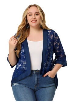 LACE CROCHET CARDIGAN 3/4 SLEEVE SHEER LIGHTWEIGHT COVER UP