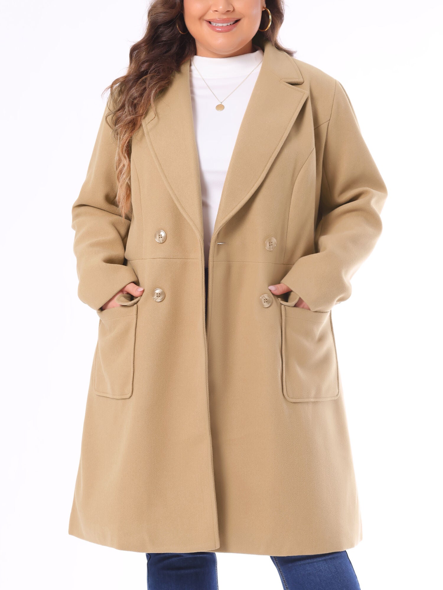 NOTCH LAPEL DOUBLE BREASTED PEA TRENCH COAT, Khaki / Brown, alternate image number 1