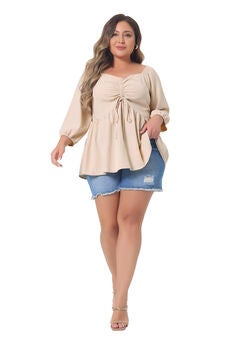 Sweetheart Neck Drawstring Ruched 3/4 Sleeve Peplum Blouse Top