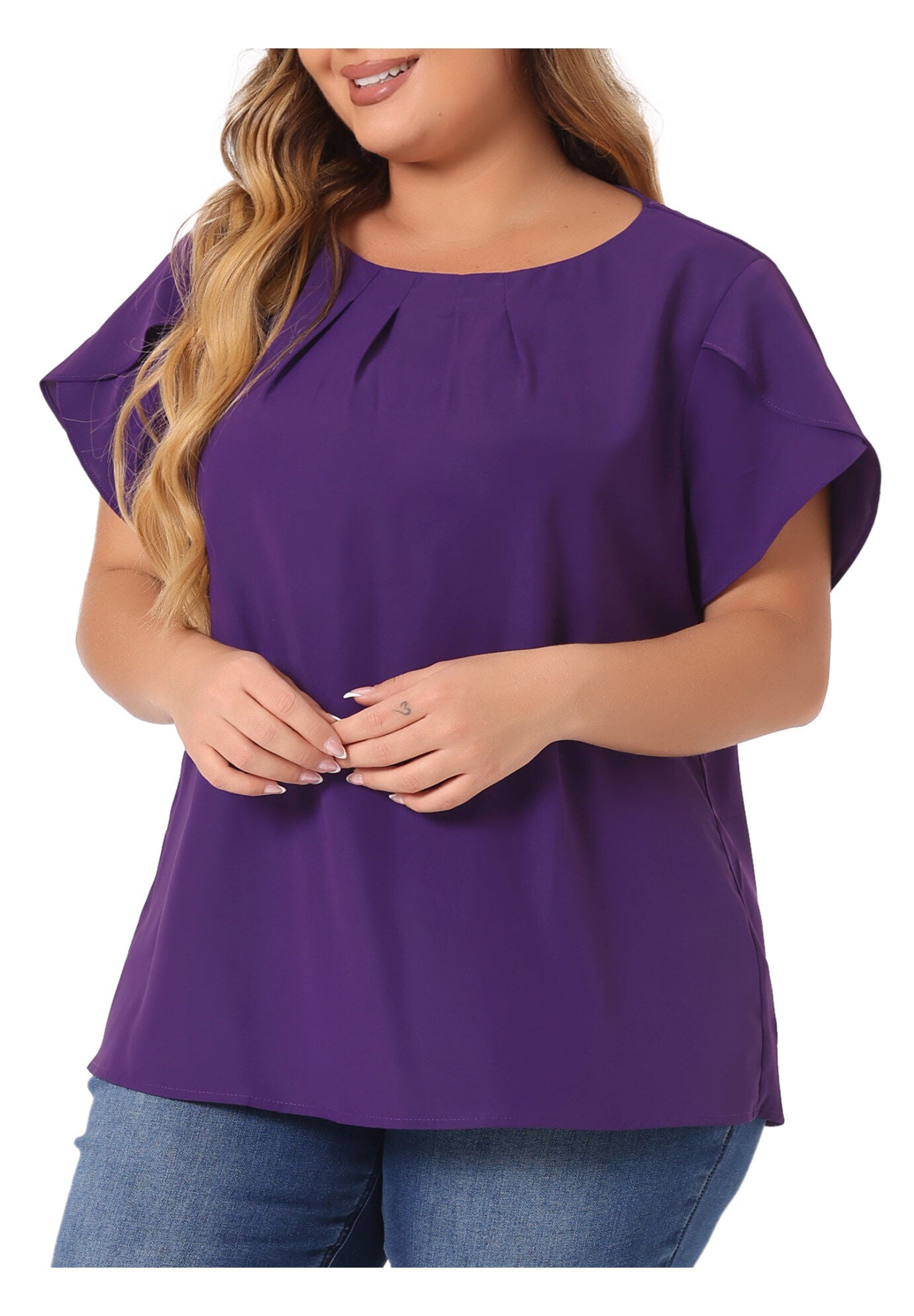 Round Neck Pleated Top Tulip Sleeves Blouse Top, Purple / Purple, alternate image number 1