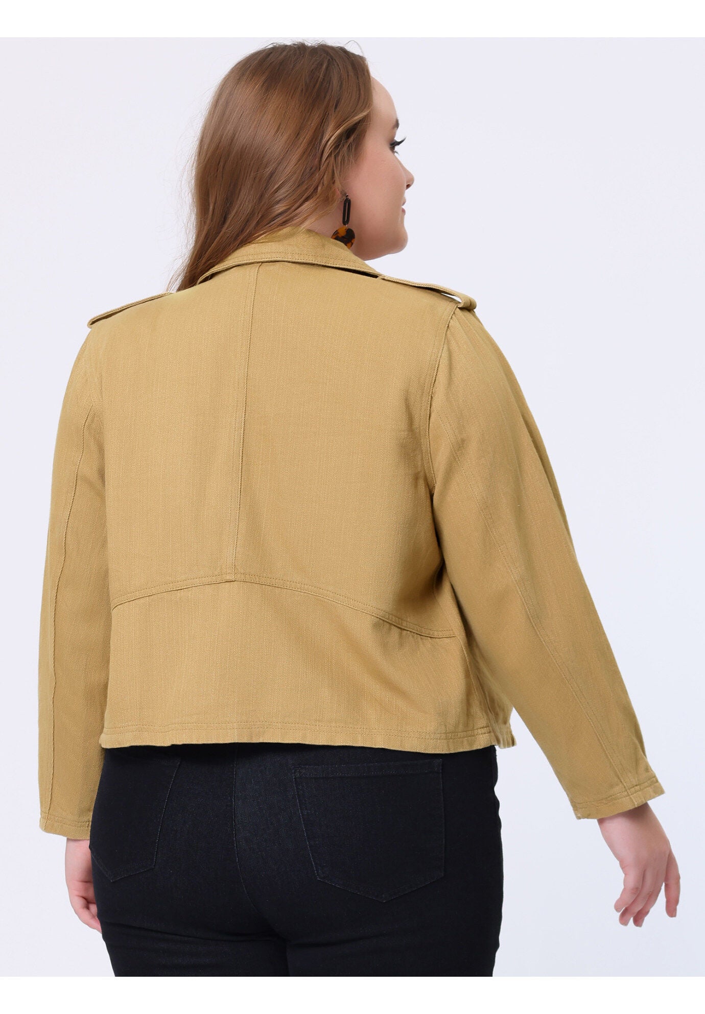 COLLAR INCLINED ZIP CLOSURE DENIM BIKER MOTO JACKET, Khaki / Brown, alternate image number 3