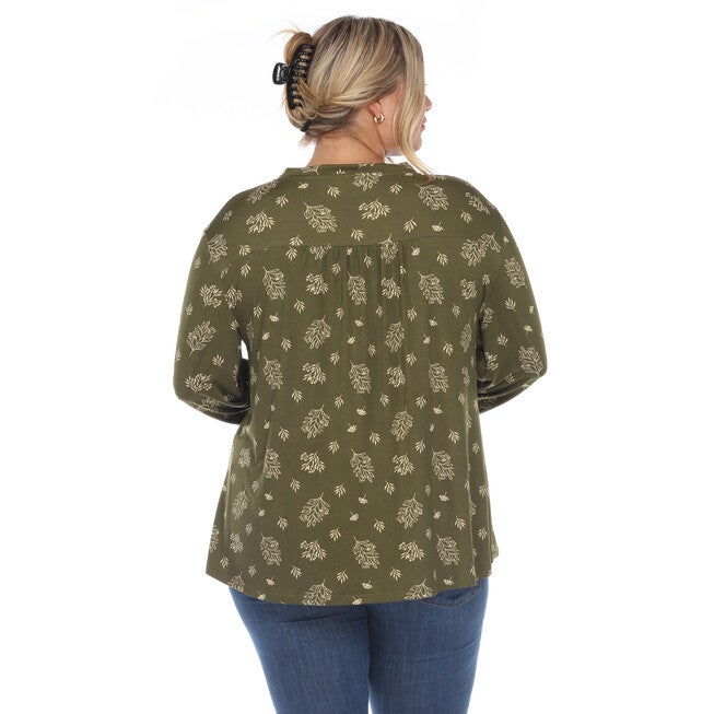 Pleated Long Sleeve Leaf Print Blouse, Olive / Olive Green, alternate image number null