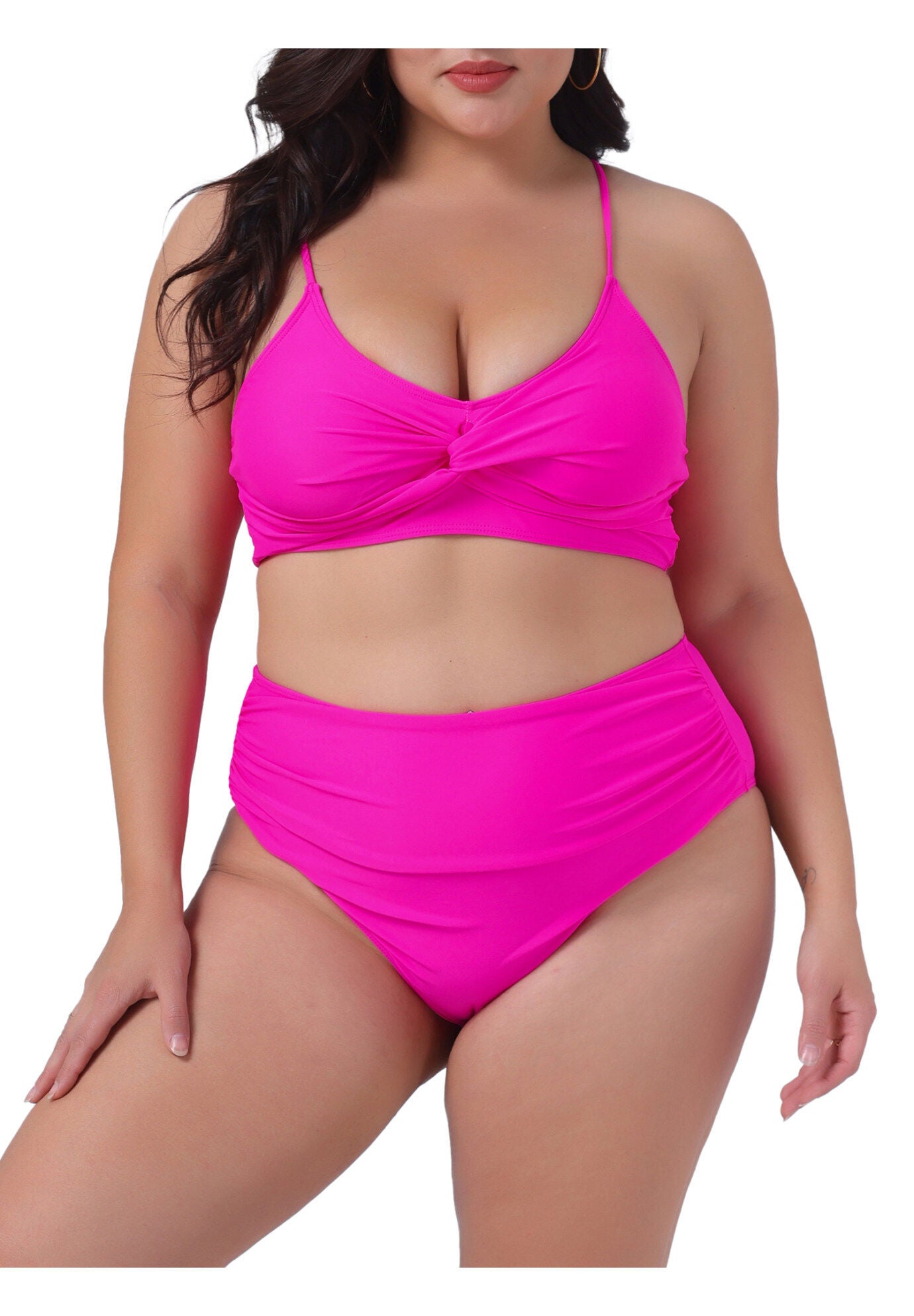 High Waisted V Neck Two Piece Bikini Set, Hot Pink / Deep Fuchsia, alternate image number 2