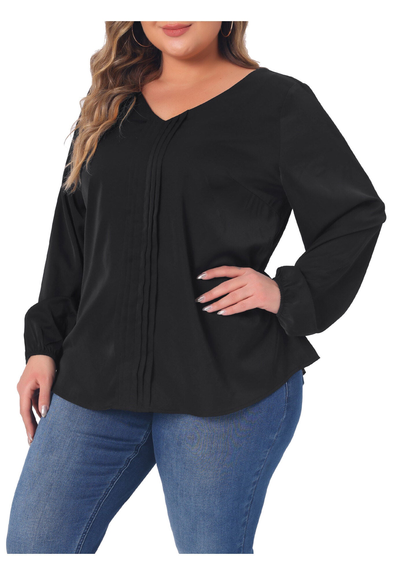 Long Sleeve Flowy Shirt Pleated V Neck Blouse, Black / Black, alternate image number 3